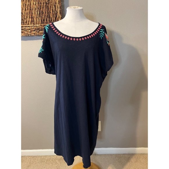 Talbots Dress 3X Blue Embroidered Short Tie Sleeve Cotton Washable - Picture 2 of 14